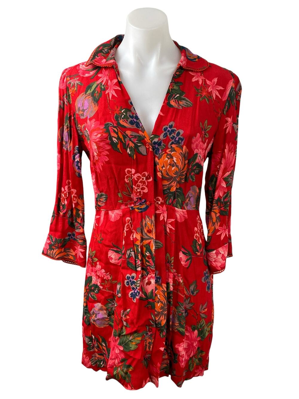 ZARA Women's Red Multicolor Floral 3/4 Sleeve Mini Button Down Shirt Dress Sz XS
